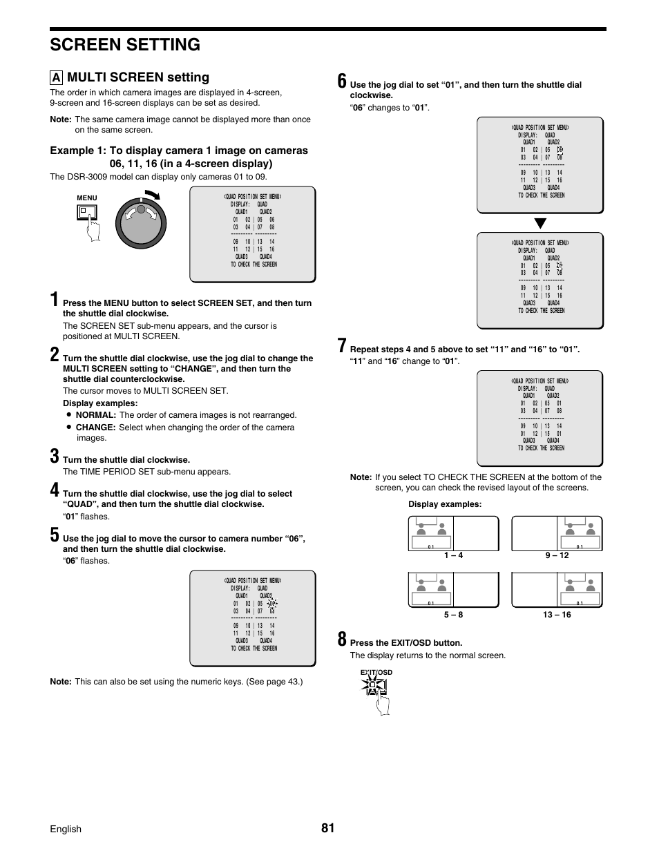 Screen setting | Sanyo DSR-3016 User Manual | Page 82 / 96