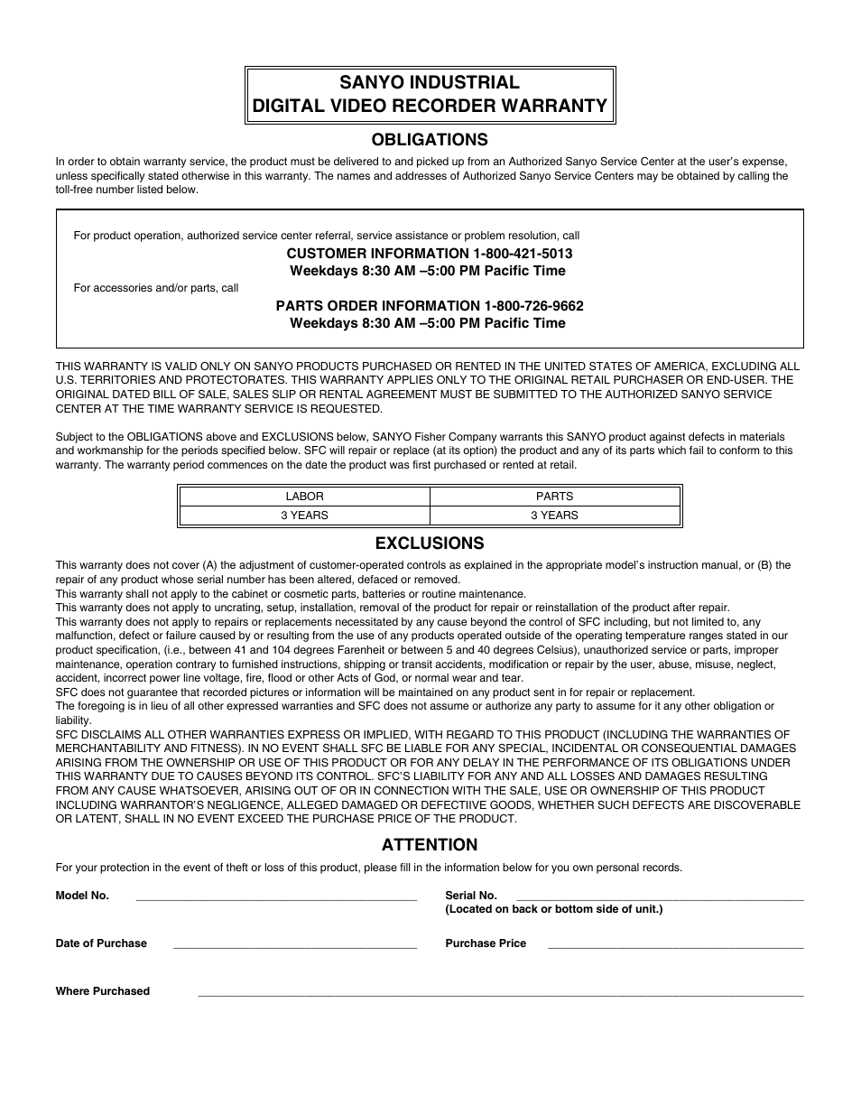 Sanyo industrial digital video recorder warranty, Obligations, Exclusions | Attention | Sanyo DSR-3016 User Manual | Page 95 / 96