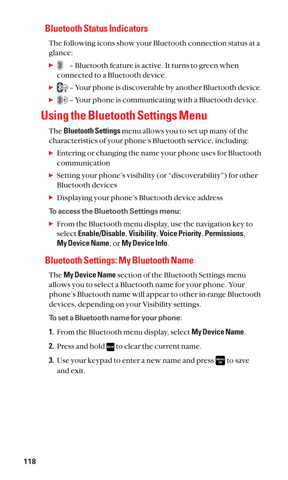 Using the bluetooth settings menu, Bluetooth status indicators, Bluetooth settings: my bluetooth name | Sanyo Katana Cell Phone User Manual | Page 126 / 151