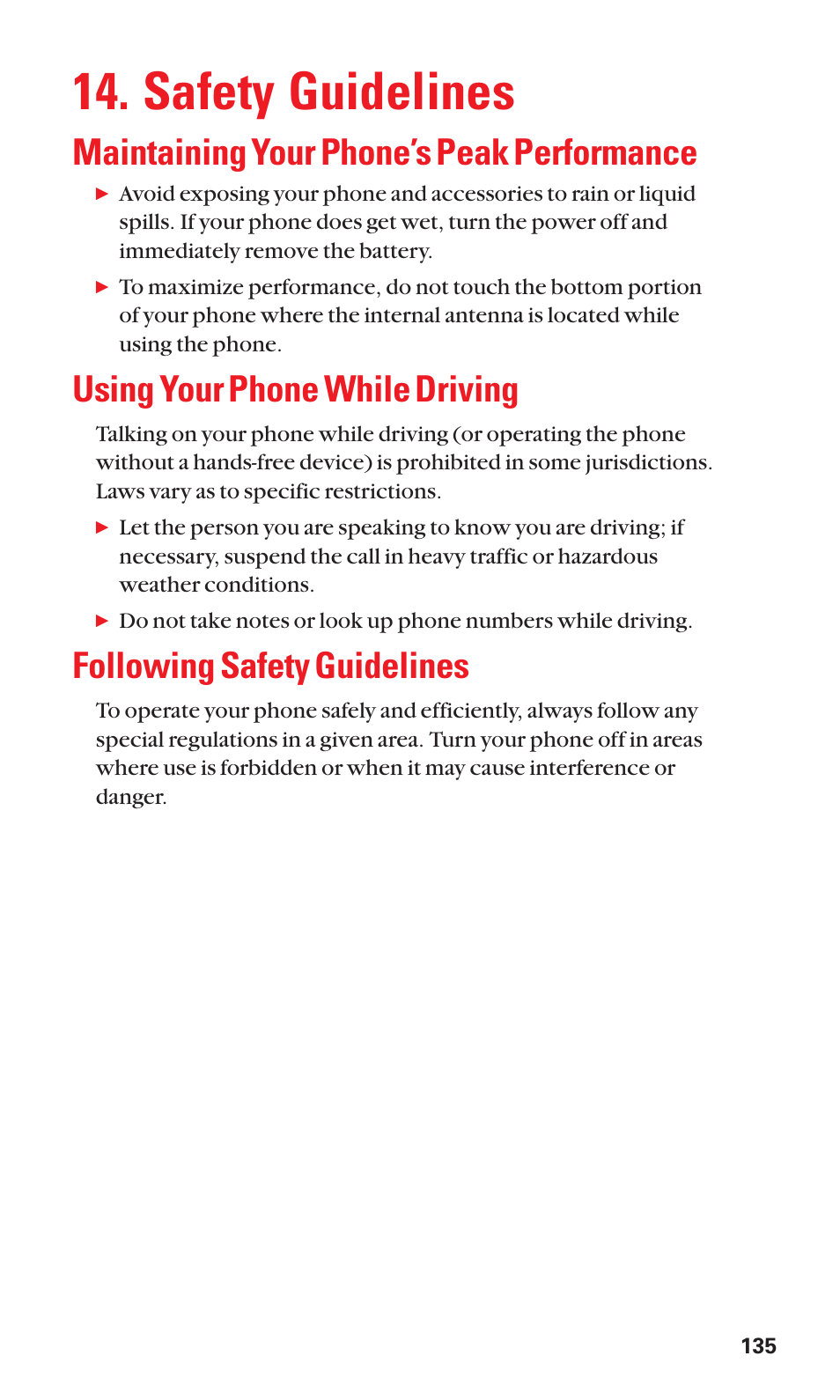 Safety guidelines, Maintaining your phone’s peak performance, Using your phone while driving | Following safety guidelines | Sanyo Katana Cell Phone User Manual | Page 143 / 151