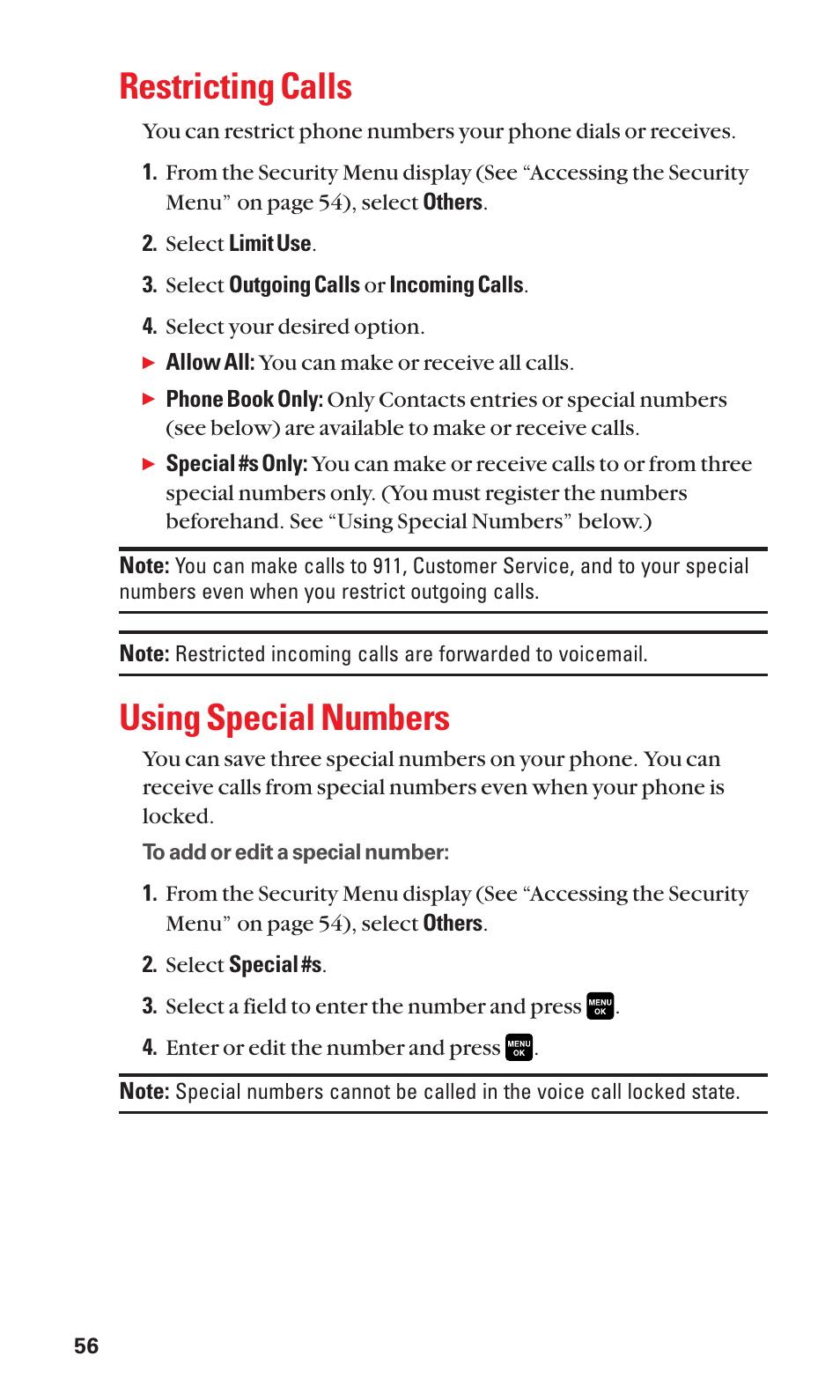 Restricting calls, Using special numbers | Sanyo Katana Cell Phone User Manual | Page 64 / 151