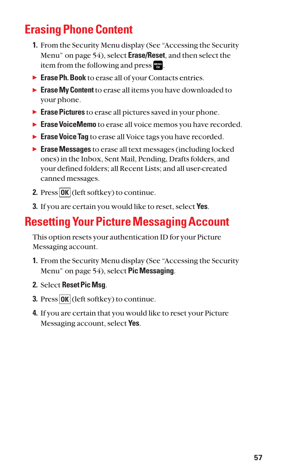 Erasing phone content, Resetting your picture messaging account | Sanyo Katana Cell Phone User Manual | Page 65 / 151