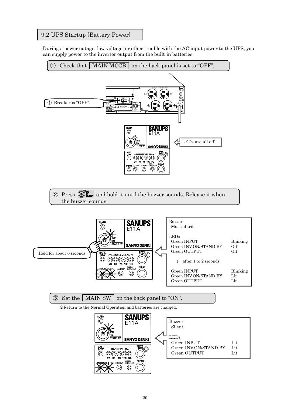 2 ups startup (battery power), Set the main sw on the back panel to “on | Sanyo SANUPS E11A202U User Manual | Page 23 / 47