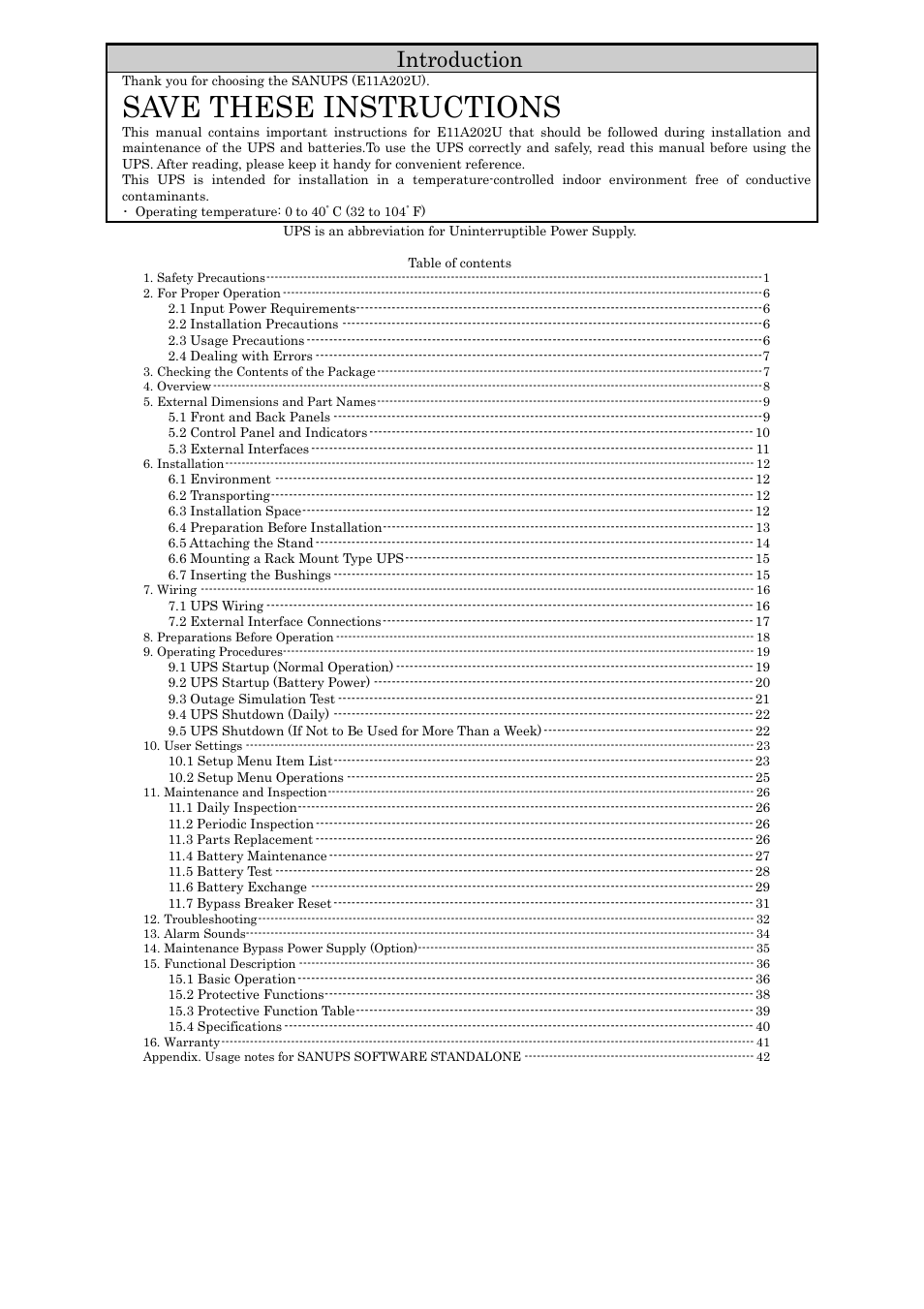 Save these instructions, Introduction | Sanyo SANUPS E11A202U User Manual | Page 3 / 47