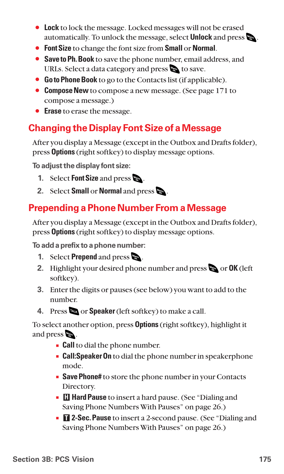 Changing the display font size of a message, Prepending a phone number from a message | Sanyo PCS VISION RL-4920 User Manual | Page 187 / 258