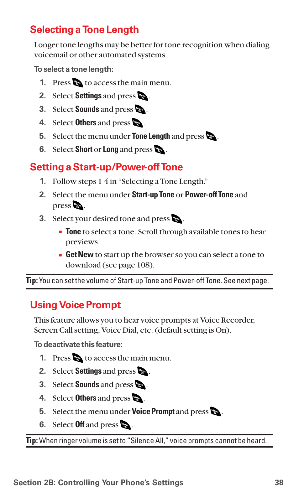 Selecting a tone length, Setting a start-up/power-off tone, Using voice prompt | Sanyo PCS VISION RL-4920 User Manual | Page 50 / 258