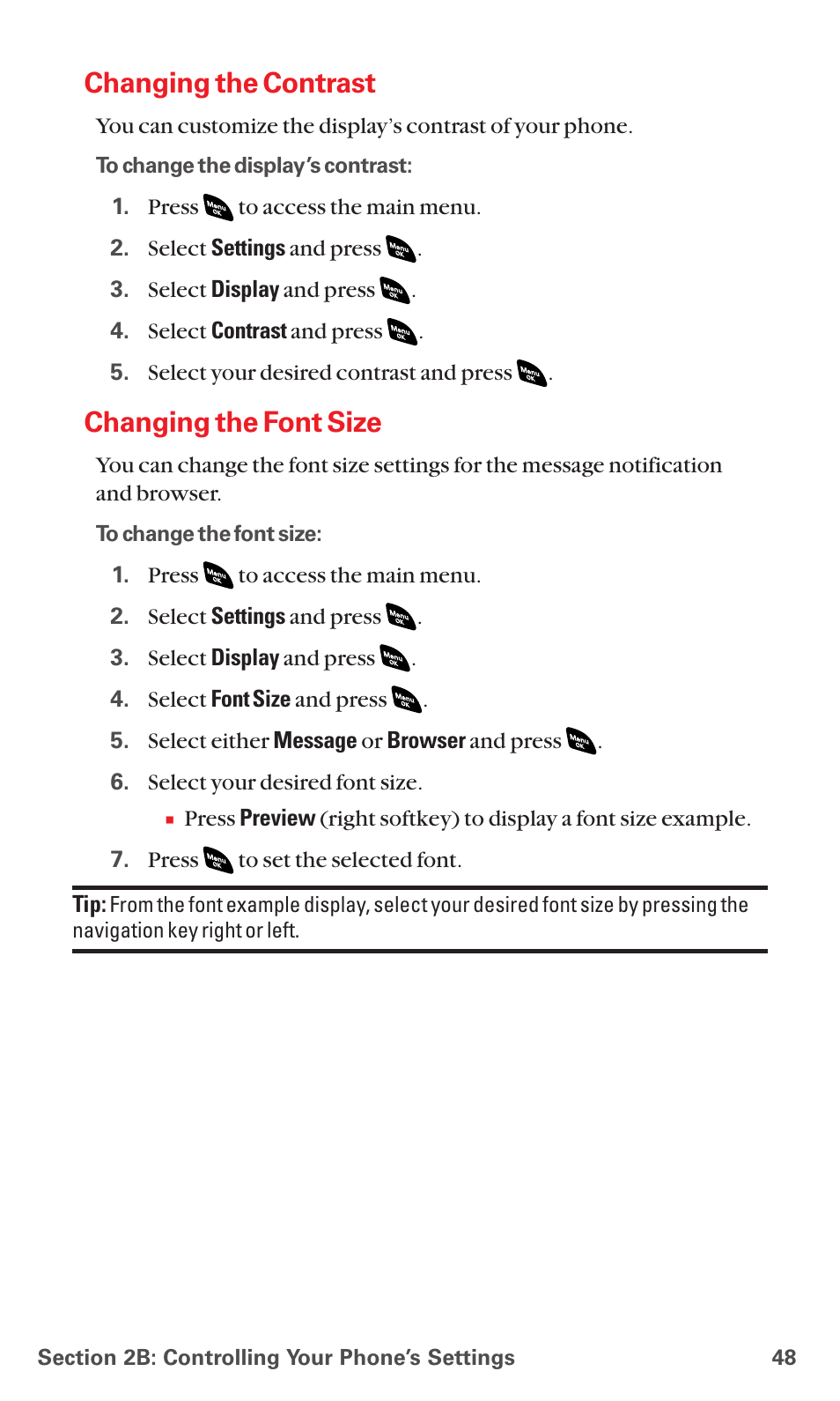 Changing the contrast, Changing the font size | Sanyo PCS VISION RL-4920 User Manual | Page 60 / 258
