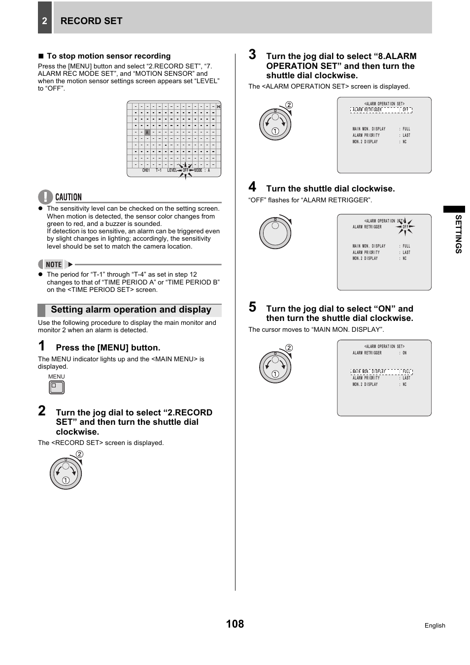 Record set 2, Setting alarm operation and display | Sanyo DSR-5716P User Manual | Page 109 / 236