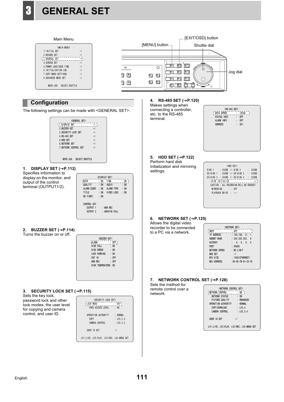 General set, Configuration | Sanyo DSR-5716P User Manual | Page 112 / 236