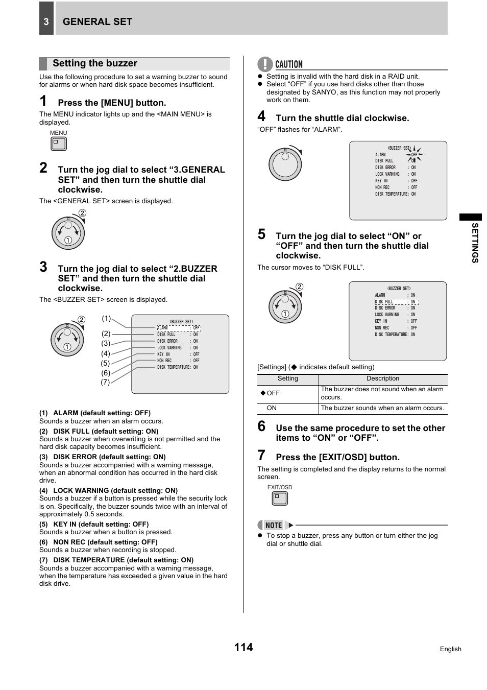 General set 3, Setting the buzzer | Sanyo DSR-5716P User Manual | Page 115 / 236