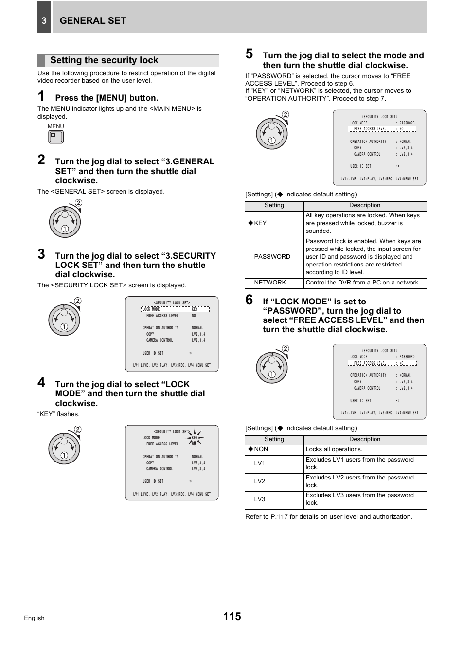 General set 3, Setting the security lock | Sanyo DSR-5716P User Manual | Page 116 / 236