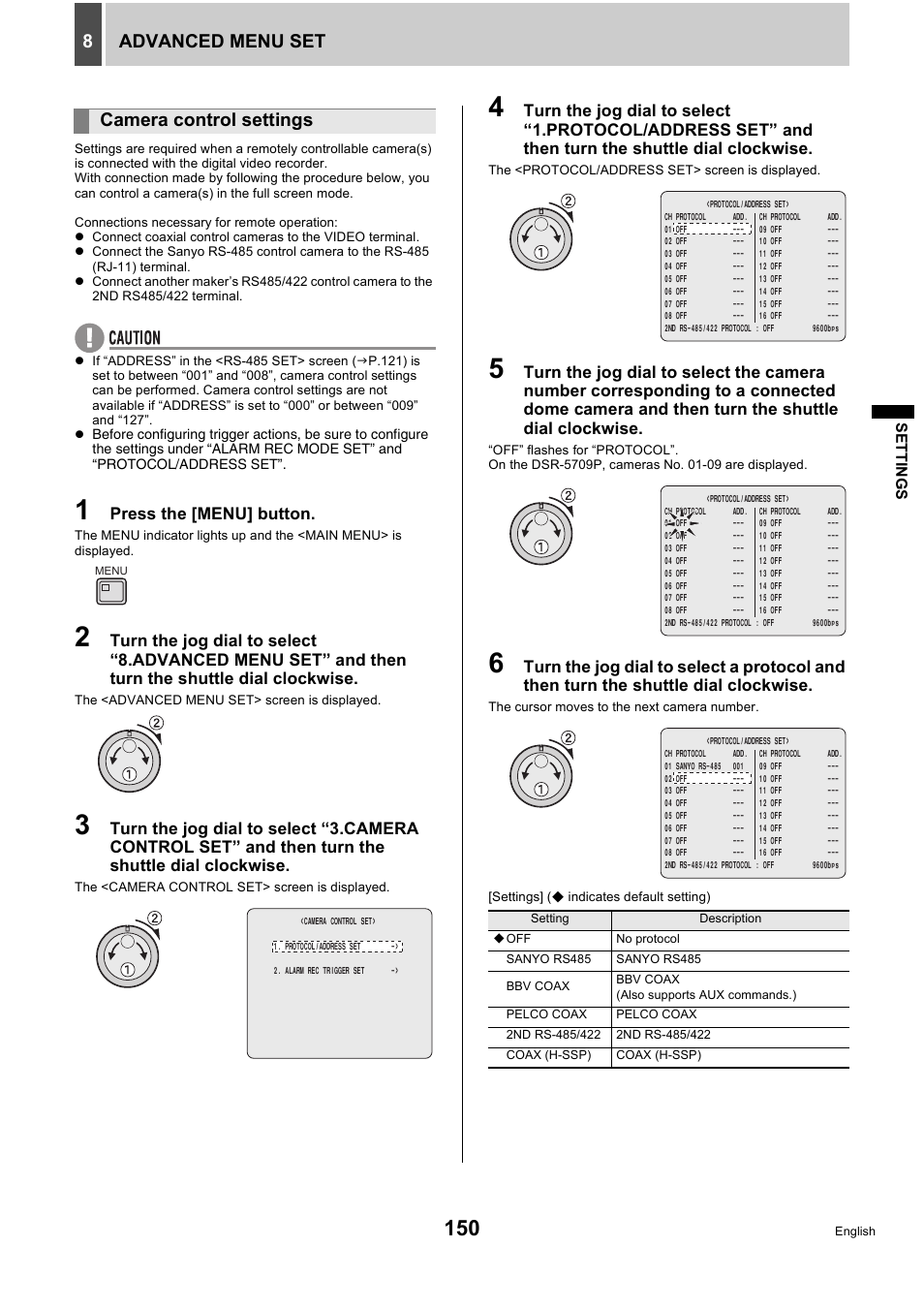 Advanced menu set 8, Camera control settings | Sanyo DSR-5716P User Manual | Page 151 / 236