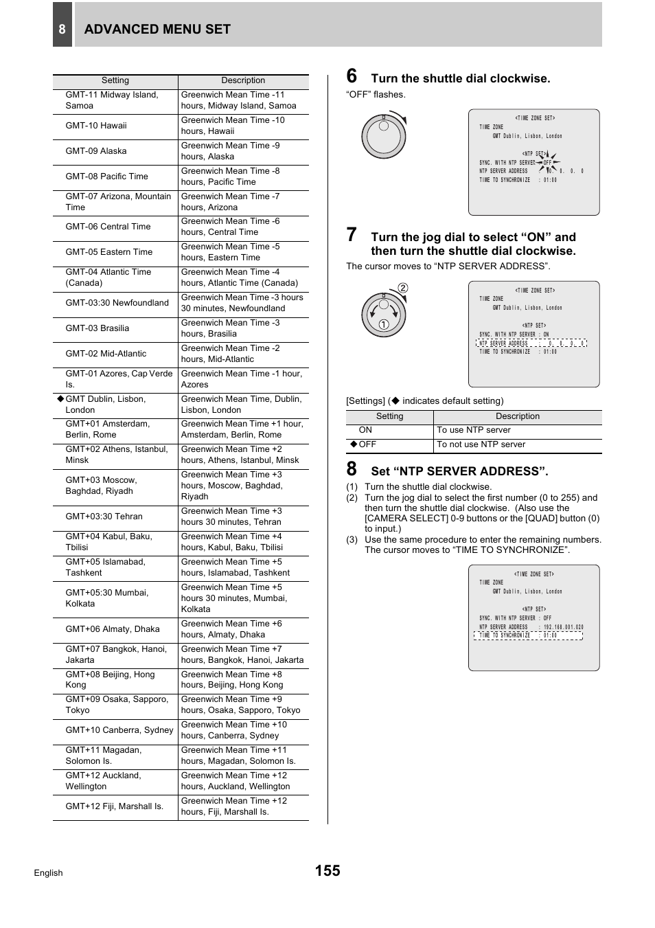 Advanced menu set 8, Turn the shuttle dial clockwise, Set “ntp server address | Sanyo DSR-5716P User Manual | Page 156 / 236