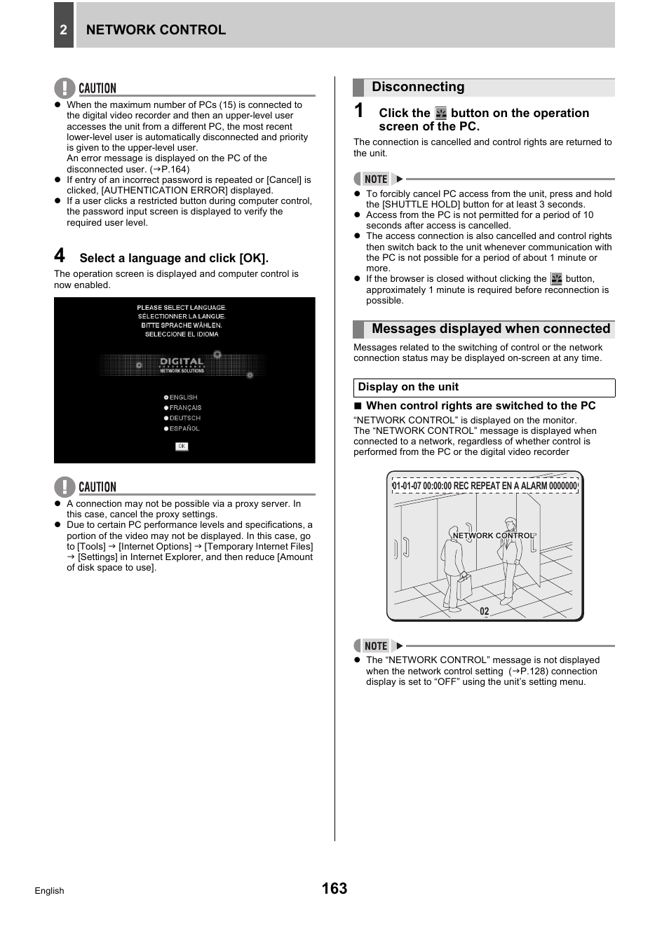 Network control 2, Disconnecting messages displayed when connected | Sanyo DSR-5716P User Manual | Page 164 / 236