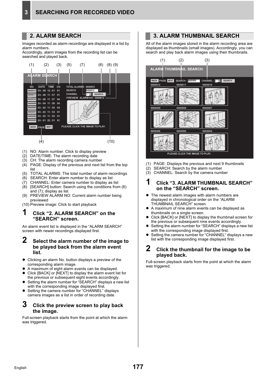 Searching for recorded video 3, Alarm search, Alarm thumbnail search | Click “2. alarm search” on the “search” screen, Click the preview screen to play back the image | Sanyo DSR-5716P User Manual | Page 178 / 236