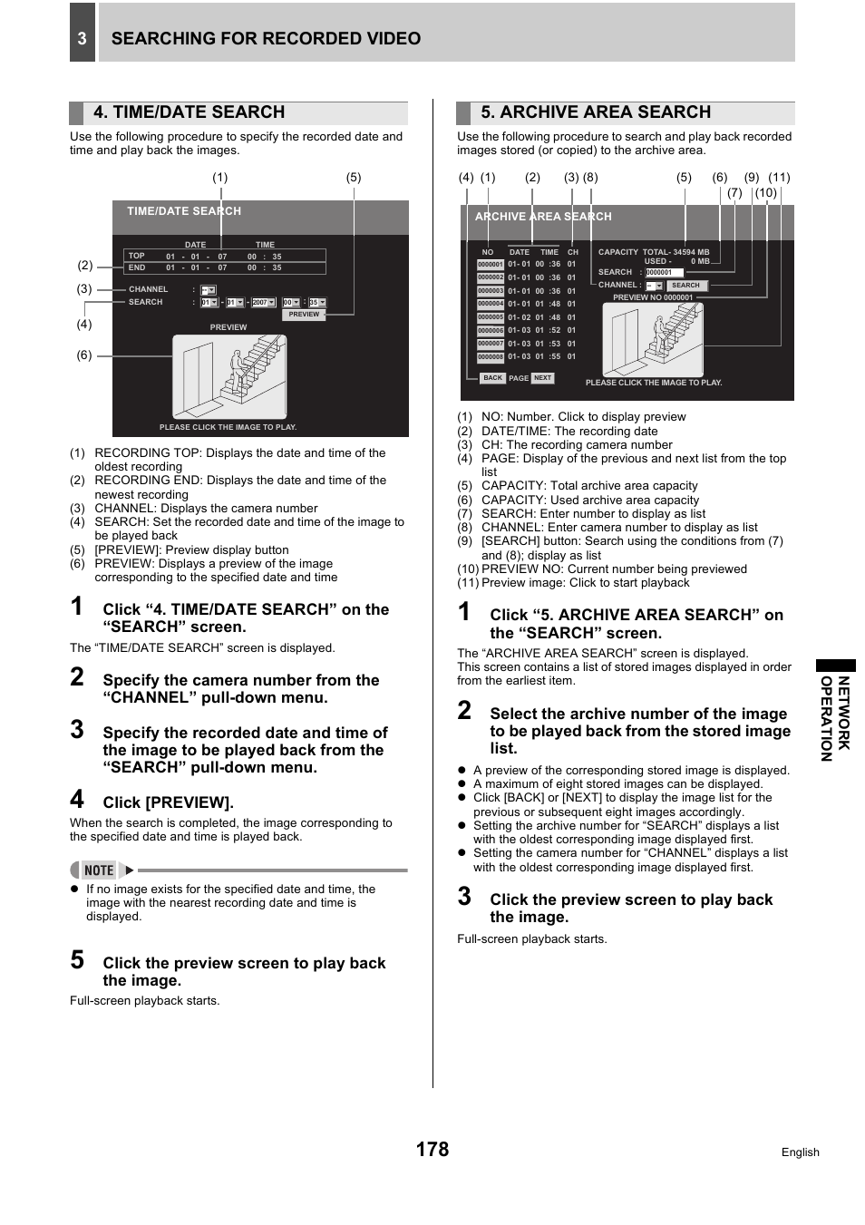 Searching for recorded video 3, Time/date search, Archive area search | Click “4. time/date search” on the “search” screen, Click [preview, Click the preview screen to play back the image | Sanyo DSR-5716P User Manual | Page 179 / 236