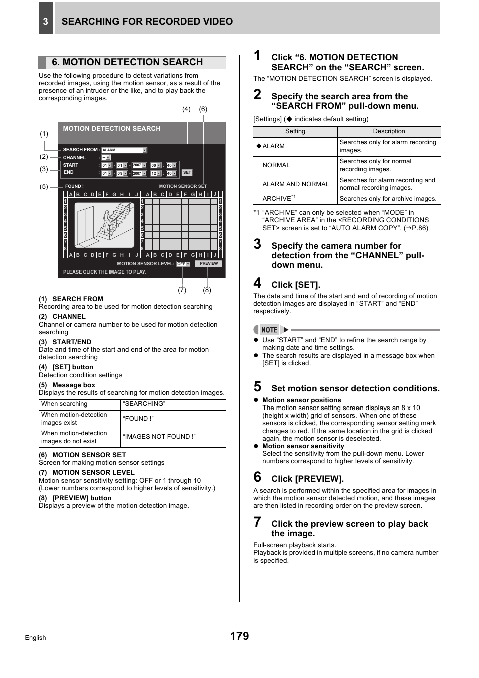 Searching for recorded video 3, Motion detection search, Click [set | Set motion sensor detection conditions, Click [preview, Click the preview screen to play back the image | Sanyo DSR-5716P User Manual | Page 180 / 236