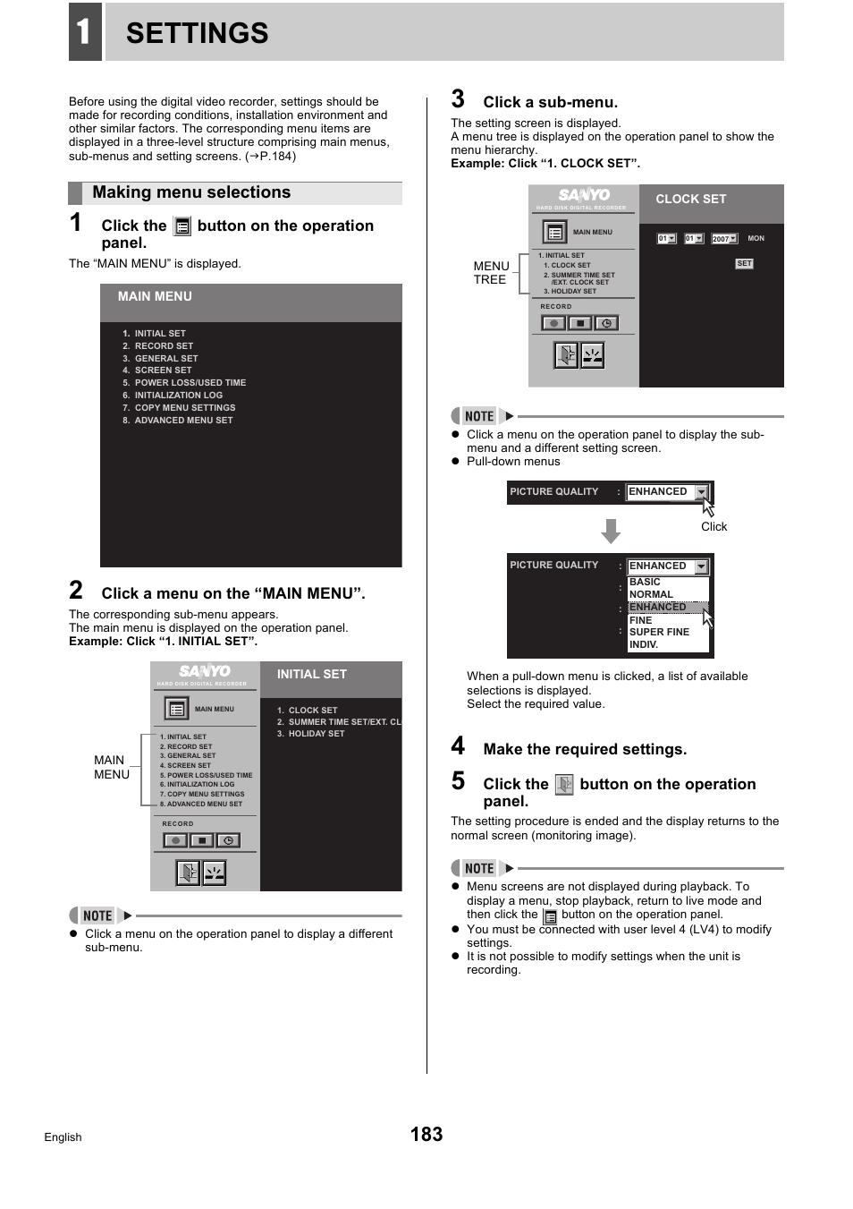 Settings, Making menu selections, Click the button on the operation panel | Click a menu on the “main menu, Click a sub-menu, Make the required settings | Sanyo DSR-5716P User Manual | Page 184 / 236