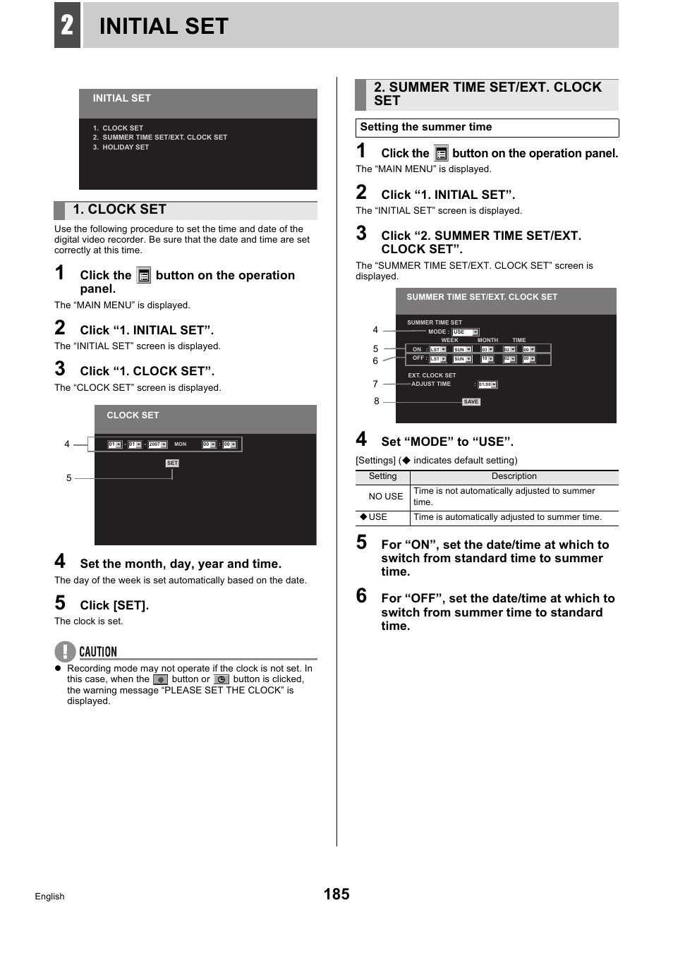 Initial set, Clock set, Summer time set/ext. clock set | Sanyo DSR-5716P User Manual | Page 186 / 236