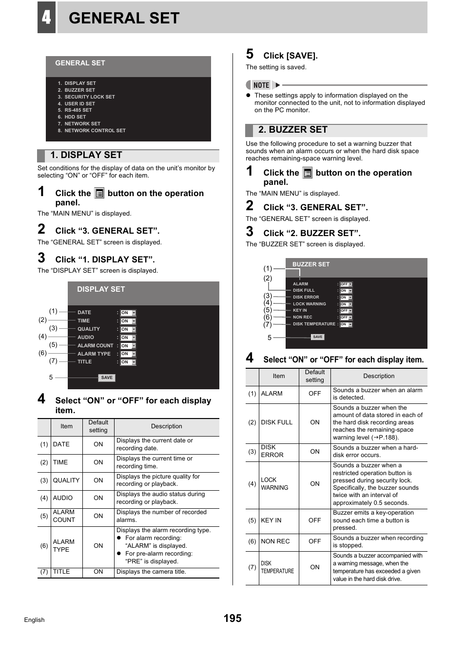 General set, Display set, Buzzer set | Click the button on the operation panel, Click “3. general set, Click “1. display set, Select “on” or “off” for each display item, Click [save, Click “2. buzzer set | Sanyo DSR-5716P User Manual | Page 196 / 236