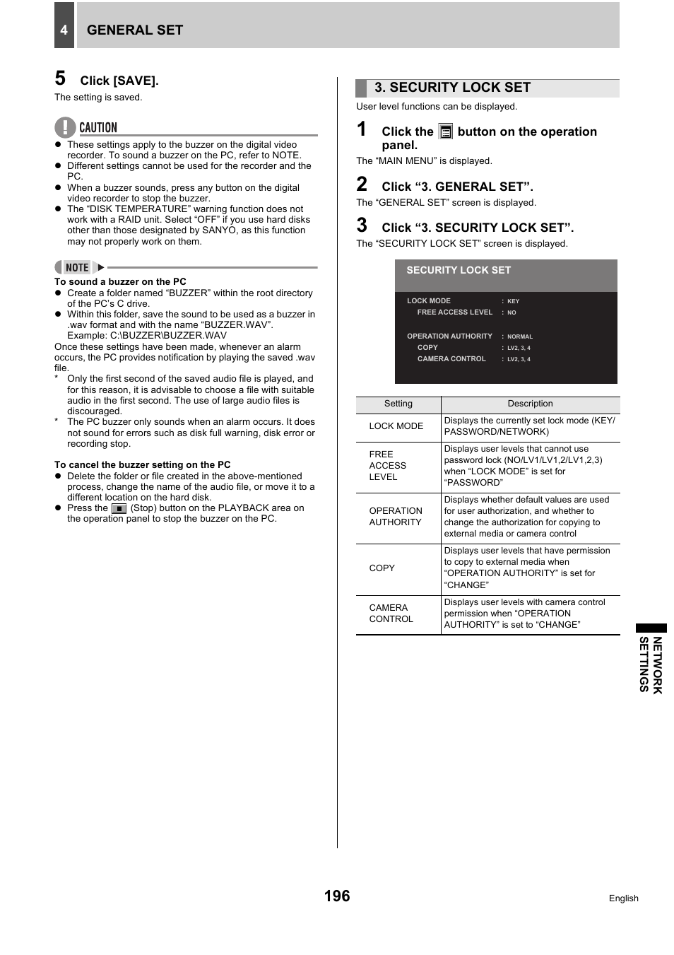 General set 4, Security lock set | Sanyo DSR-5716P User Manual | Page 197 / 236