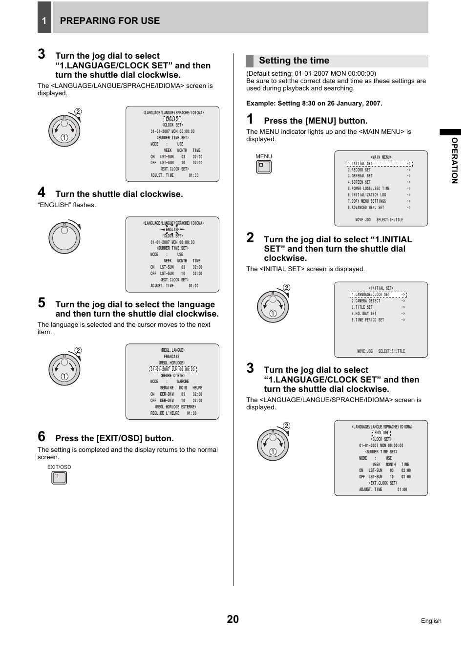 Preparing for use 1, Setting the time | Sanyo DSR-5716P User Manual | Page 21 / 236