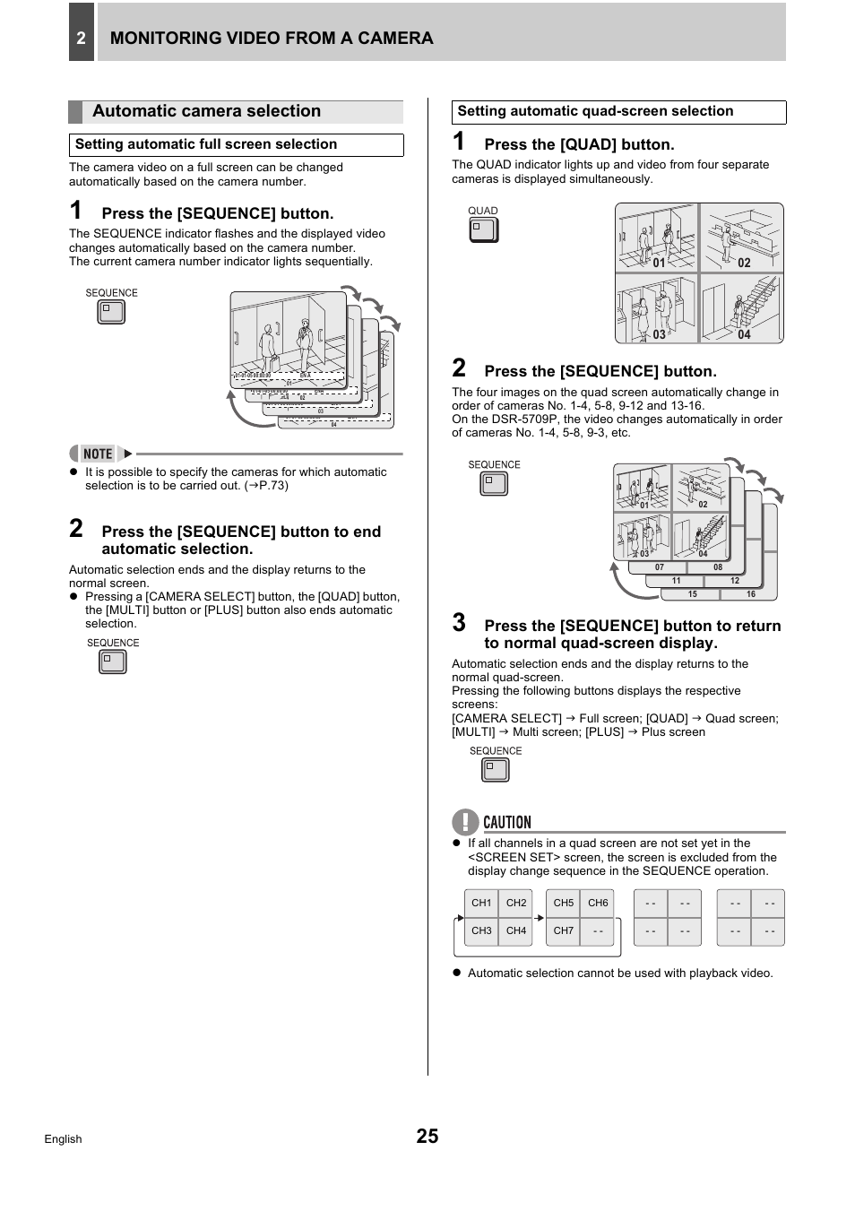 Monitoring video from a camera 2, Automatic camera selection, Press the [sequence] button | Press the [quad] button | Sanyo DSR-5716P User Manual | Page 26 / 236