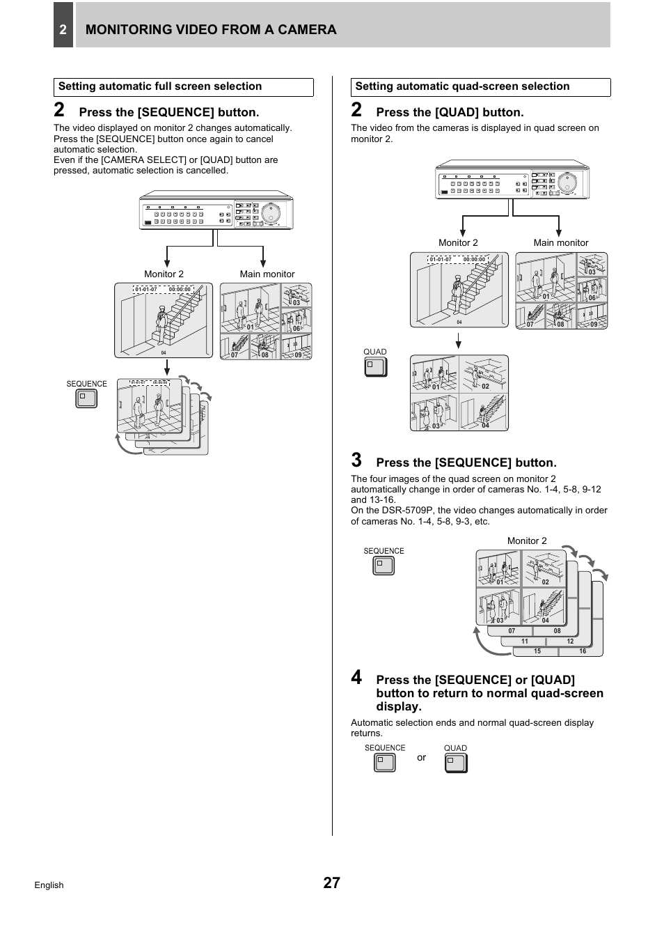 Monitoring video from a camera 2, Press the [sequence] button, Press the [quad] button | Sanyo DSR-5716P User Manual | Page 28 / 236