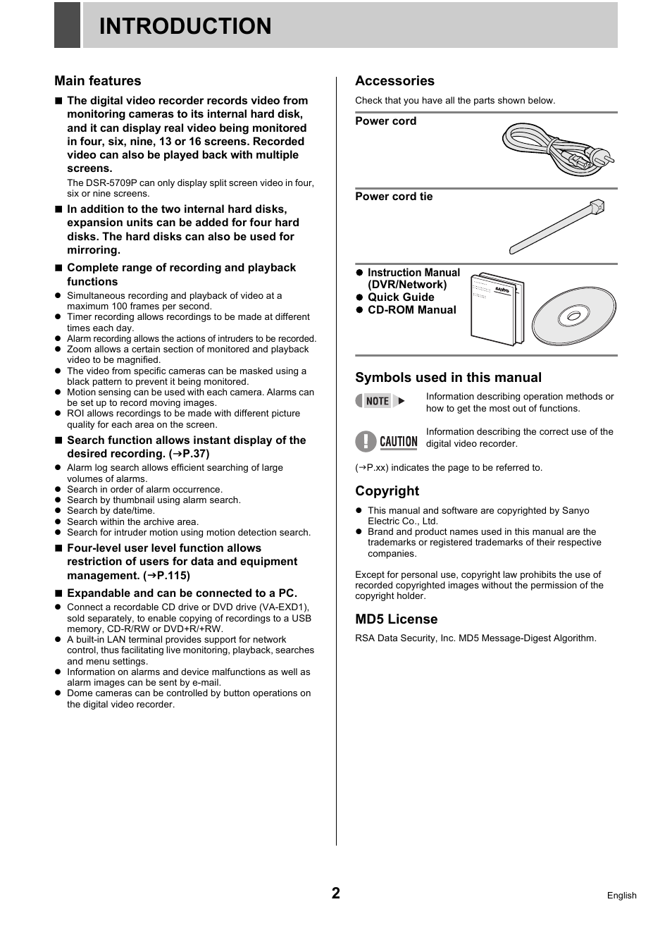 Introduction, Main features, Accessories | Symbols used in this manual, Copyright, Md5 license | Sanyo DSR-5716P User Manual | Page 3 / 236