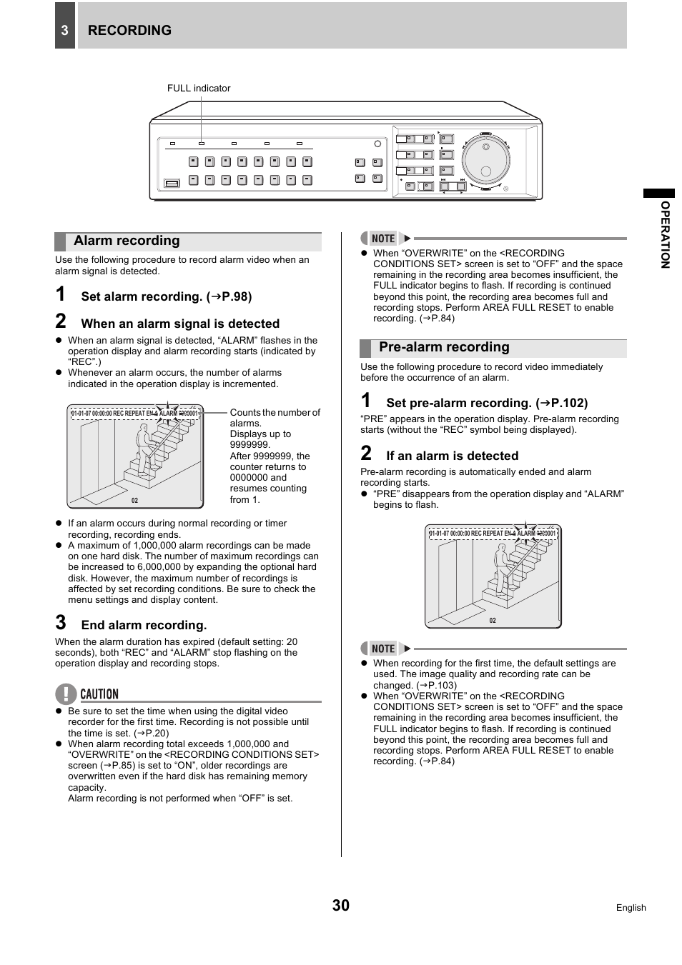 Recording 3, Alarm recording, Pre-alarm recording | Sanyo DSR-5716P User Manual | Page 31 / 236