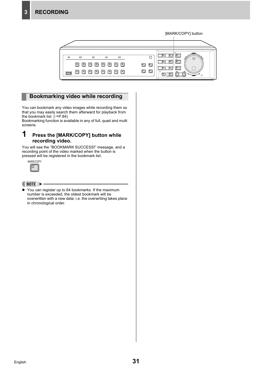 Recording 3, Bookmarking video while recording | Sanyo DSR-5716P User Manual | Page 32 / 236