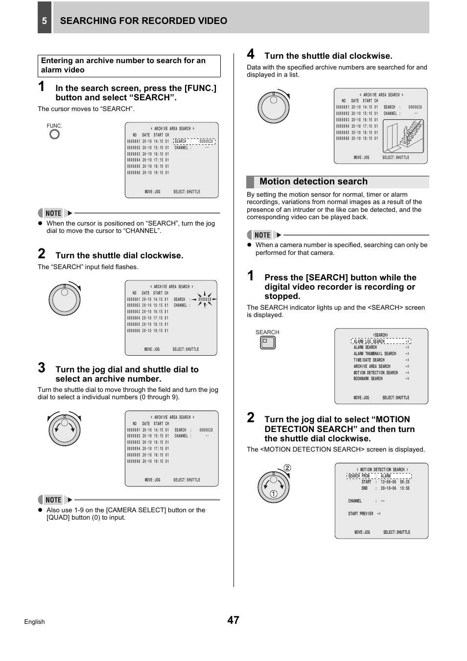 Searching for recorded video 5, Motion detection search | Sanyo DSR-5716P User Manual | Page 48 / 236