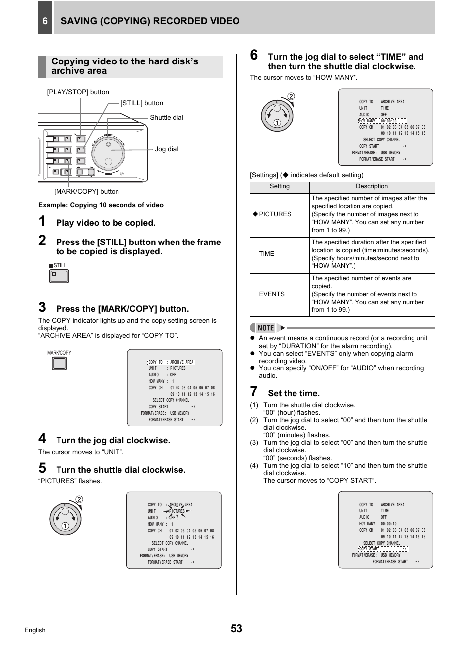 Saving (copying) recorded video 6, Copying video to the hard disk’s archive area | Sanyo DSR-5716P User Manual | Page 54 / 236