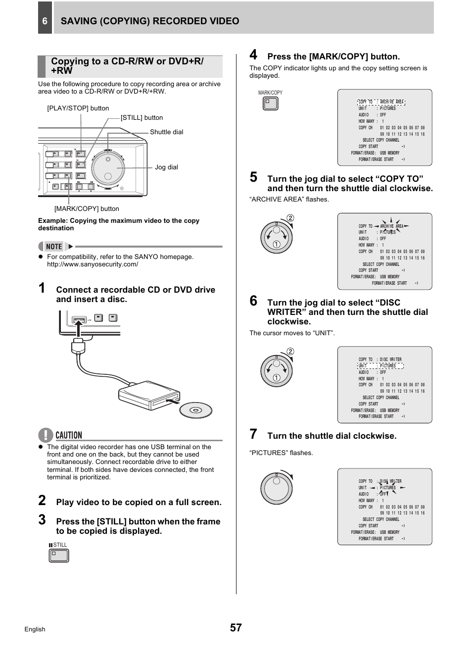 Saving (copying) recorded video 6, Copying to a cd-r/rw or dvd+r/ +rw | Sanyo DSR-5716P User Manual | Page 58 / 236