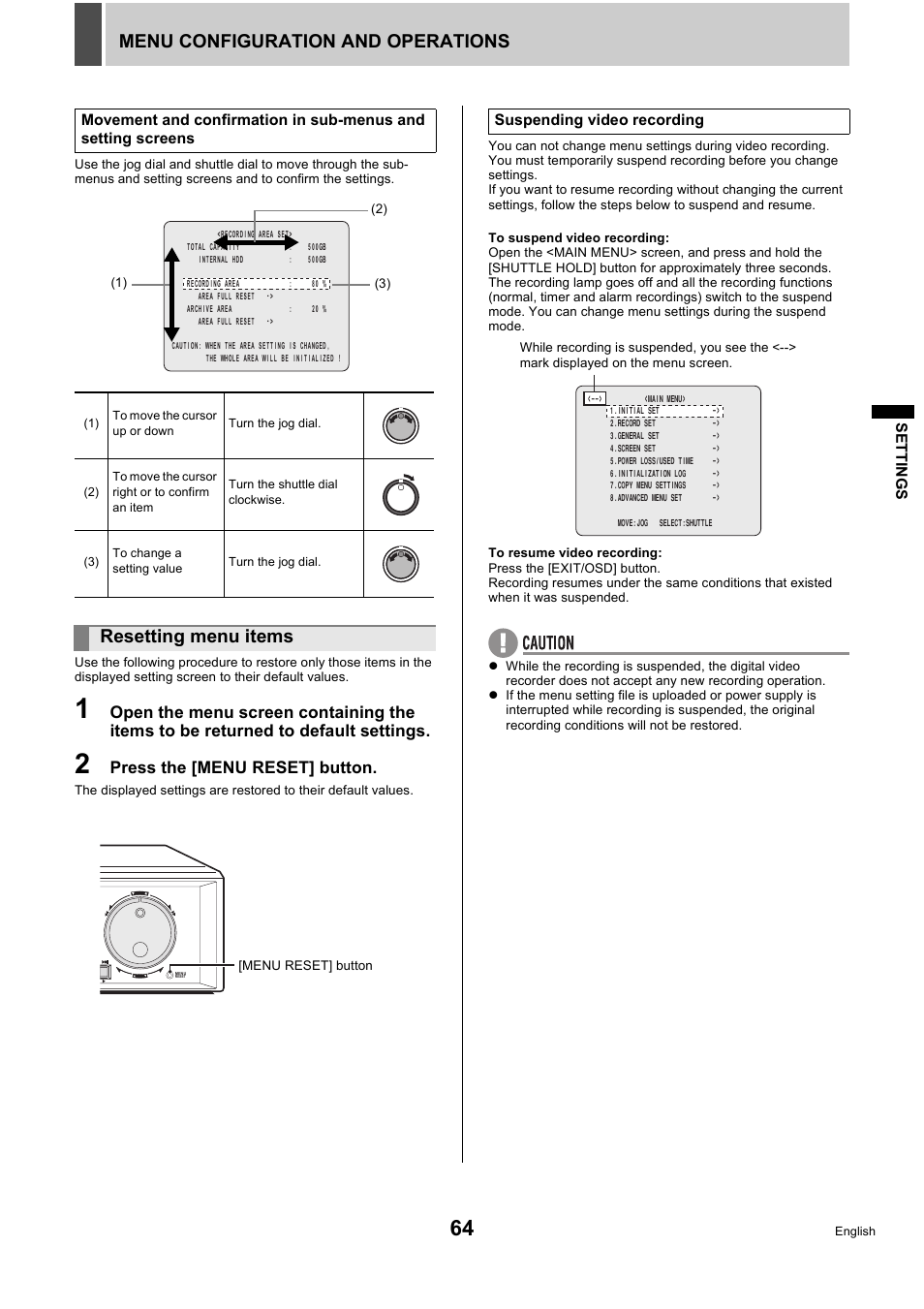 Menu configuration and operations, Resetting menu items, Press the [menu reset] button | Sanyo DSR-5716P User Manual | Page 65 / 236