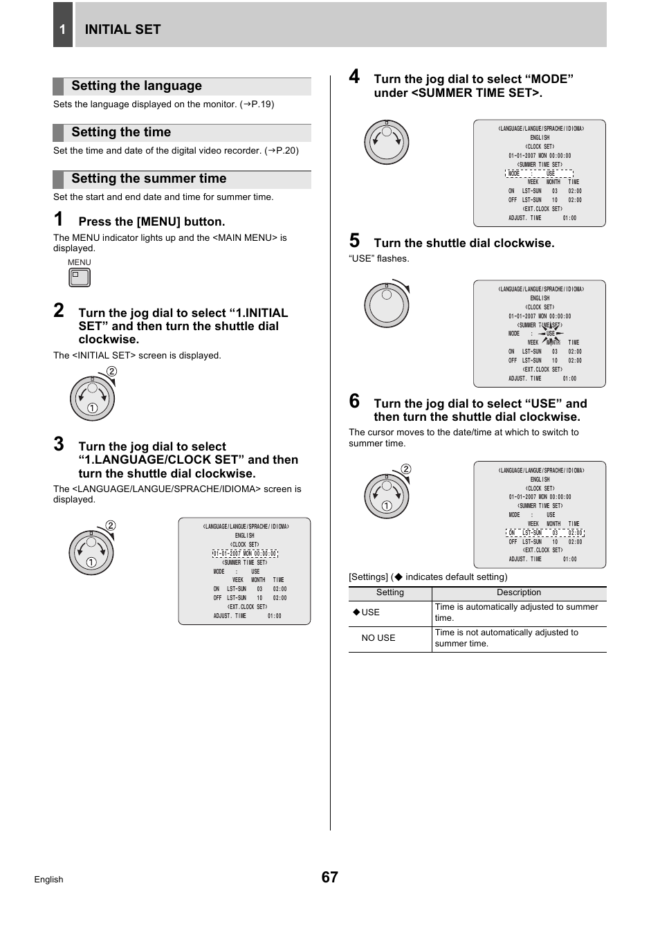 Initial set 1, Press the [menu] button, Turn the shuttle dial clockwise | Sanyo DSR-5716P User Manual | Page 68 / 236