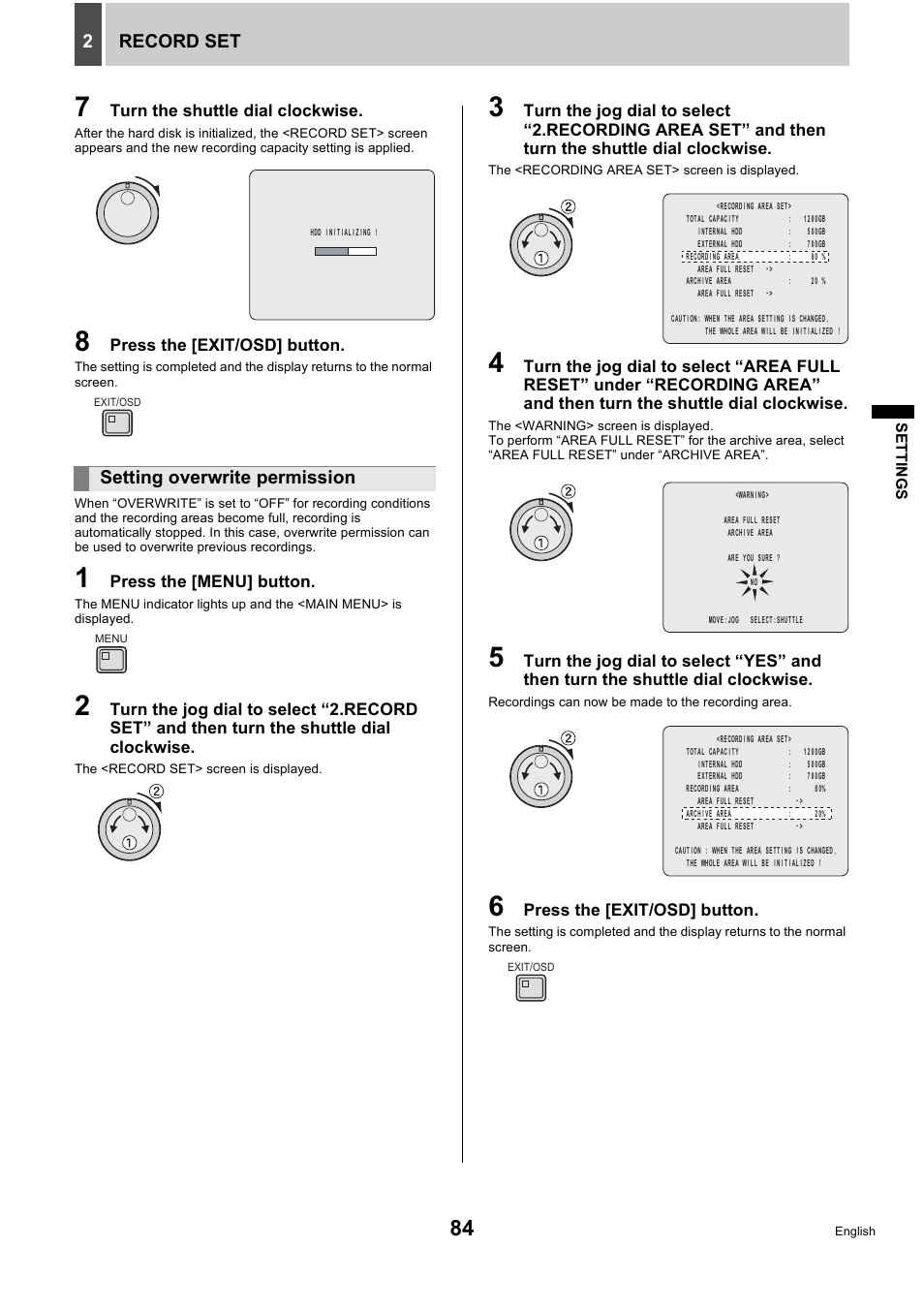 Record set 2, Setting overwrite permission | Sanyo DSR-5716P User Manual | Page 85 / 236