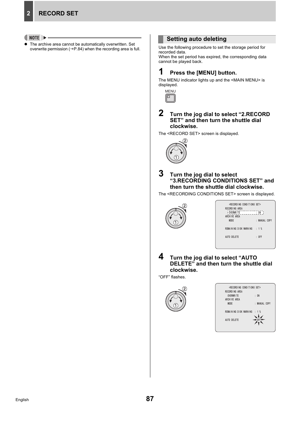 Record set 2, Setting auto deleting | Sanyo DSR-5716P User Manual | Page 88 / 236