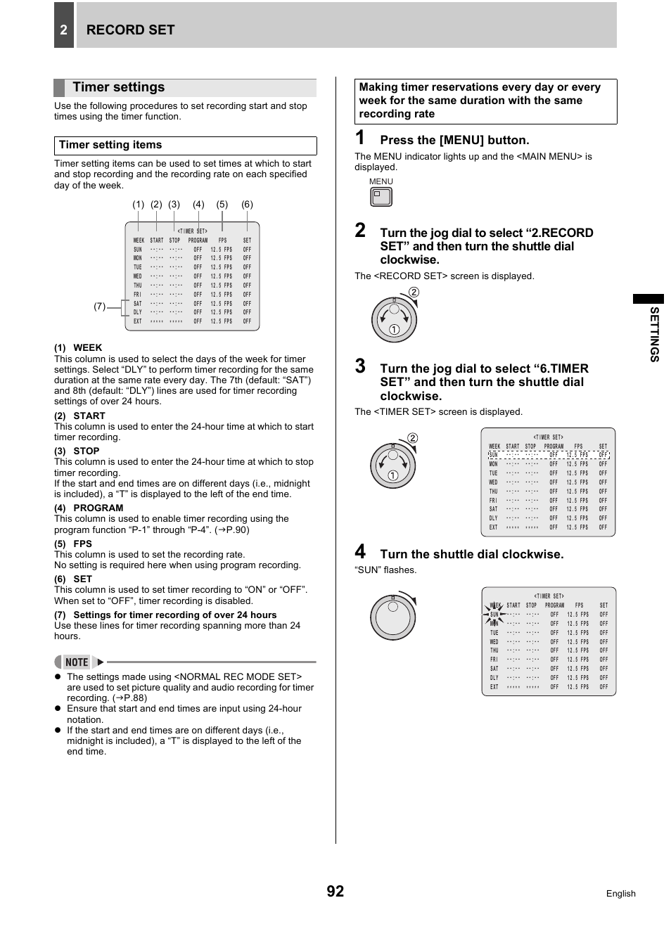 Record set 2, Timer settings | Sanyo DSR-5716P User Manual | Page 93 / 236