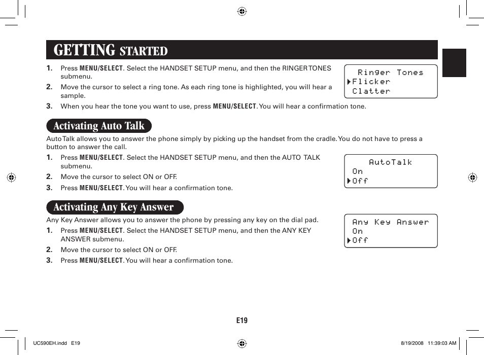 Getting, Started, Activating auto talk | Activating any key answer | Sanyo CAS-D6325 User Manual | Page 21 / 61