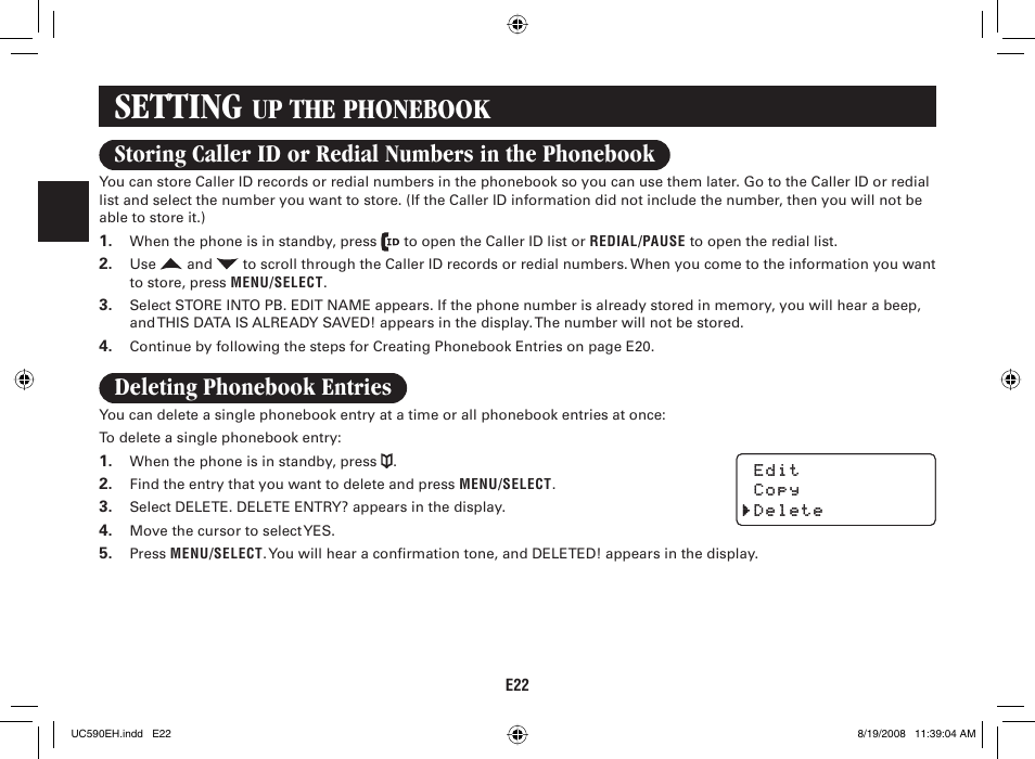 Setting, Up the phonebook, Deleting phonebook entries | Sanyo CAS-D6325 User Manual | Page 24 / 61