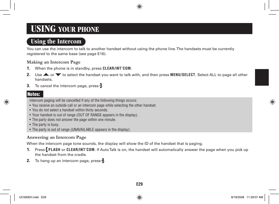 Using, Your phone, Using the intercom | Sanyo CAS-D6325 User Manual | Page 31 / 61