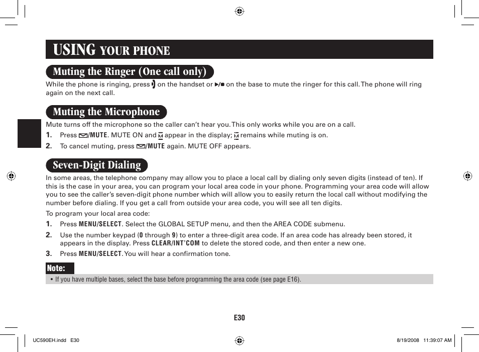 Using, Your phone, Muting the ringer (one call only) | Muting the microphone, Seven-digit dialing | Sanyo CAS-D6325 User Manual | Page 32 / 61