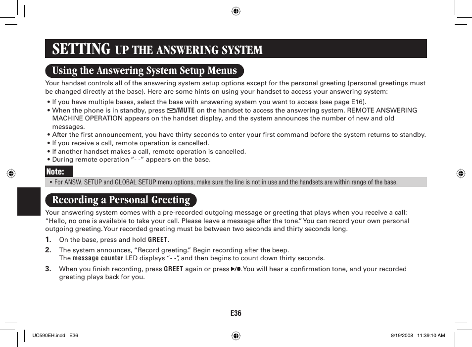Setting, Up the answering system, Using the answering system setup menus | Recording a personal greeting | Sanyo CAS-D6325 User Manual | Page 38 / 61