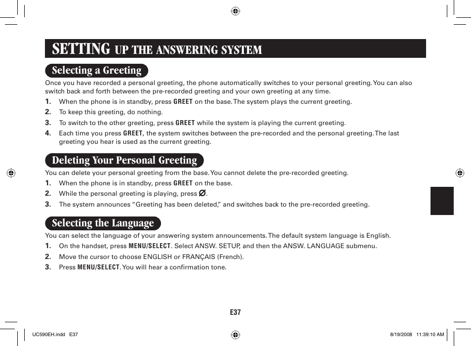 Setting, Up the answering system, Selecting a greeting | Deleting your personal greeting, Selecting the language | Sanyo CAS-D6325 User Manual | Page 39 / 61