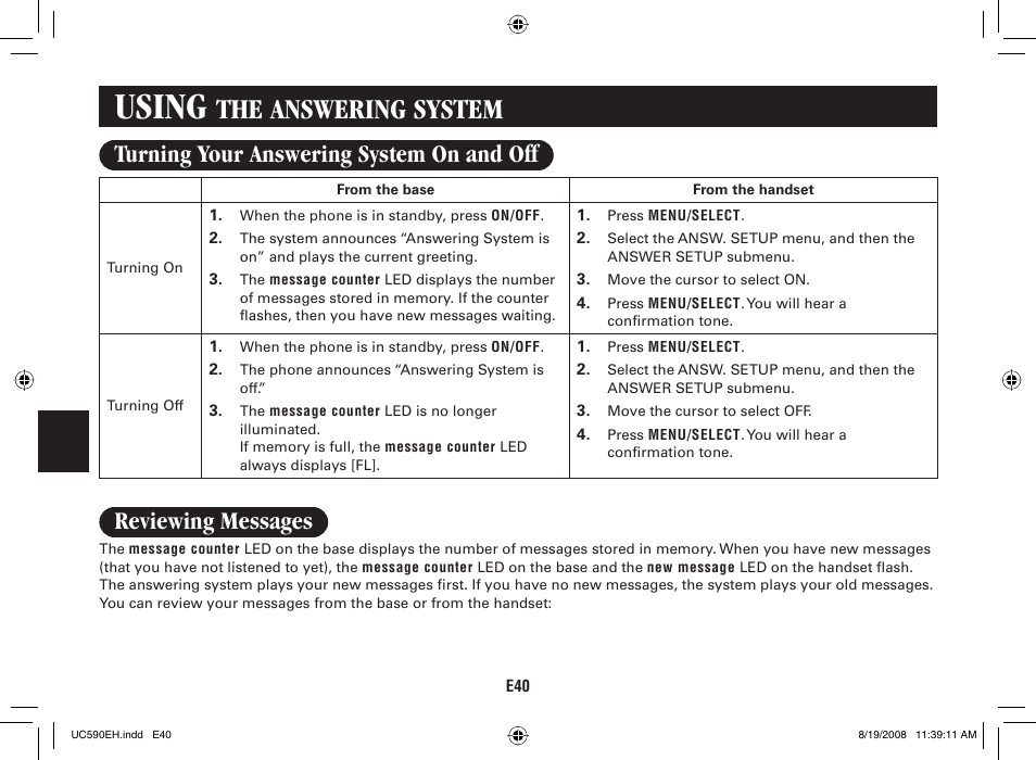 Using, The answering system, Turning your answering system on and off | Reviewing messages | Sanyo CAS-D6325 User Manual | Page 42 / 61