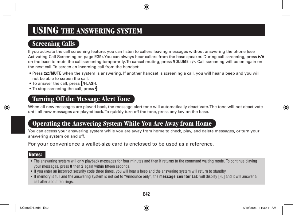 Using, The answering system, Screening calls | Turning off the message alert tone | Sanyo CAS-D6325 User Manual | Page 44 / 61