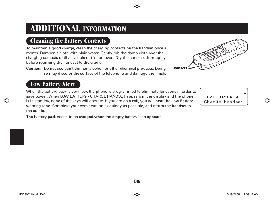 Additional, Information, Cleaning the battery contacts | Low battery alert | Sanyo CAS-D6325 User Manual | Page 48 / 61