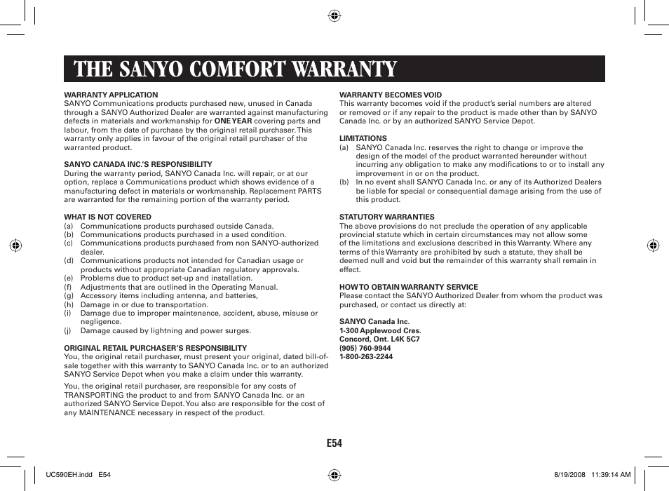 The sanyo comfort warranty | Sanyo CAS-D6325 User Manual | Page 56 / 61