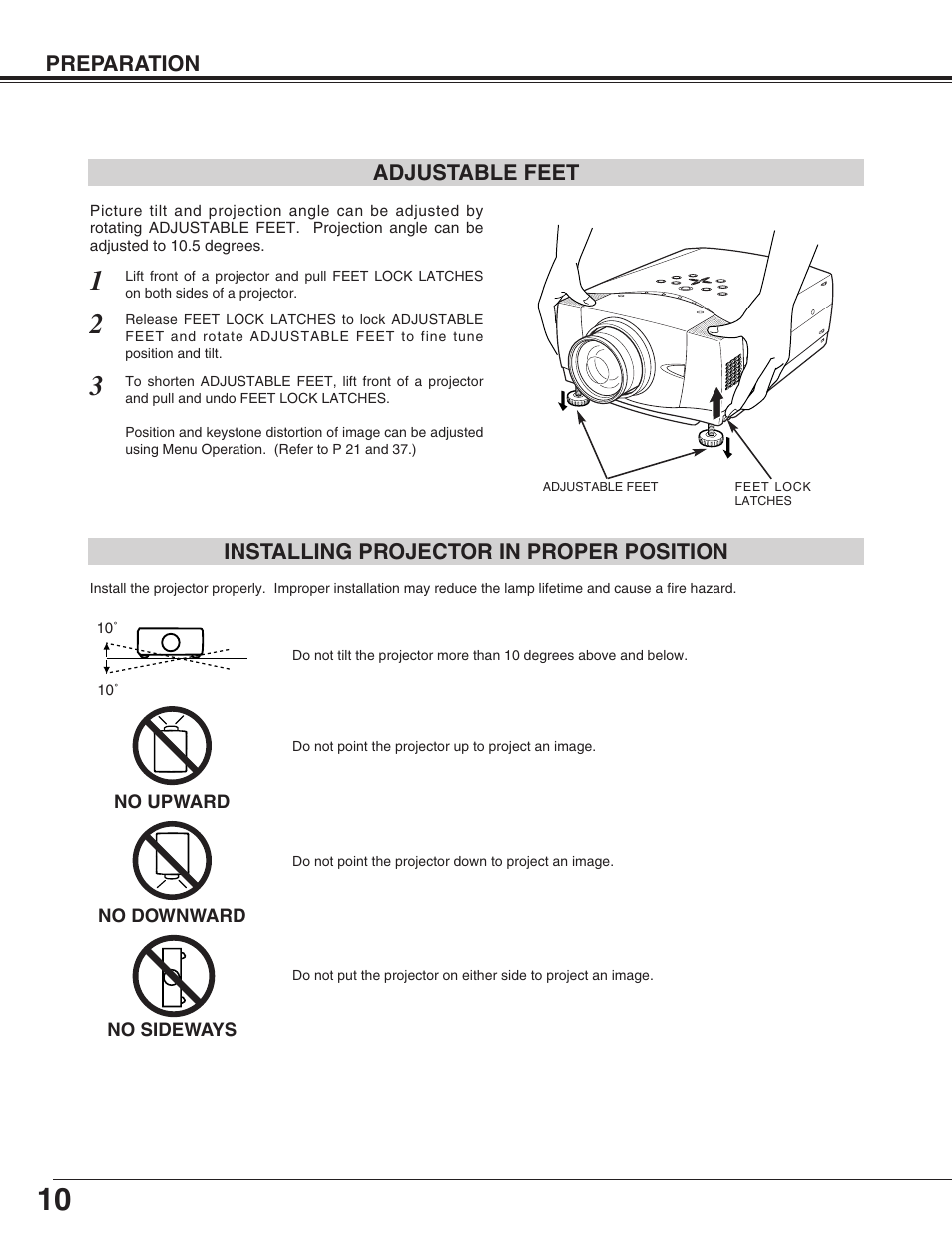 Adjustable feet, Installing projector proper position | Sanyo PLC-XP55L User Manual | Page 10 / 56